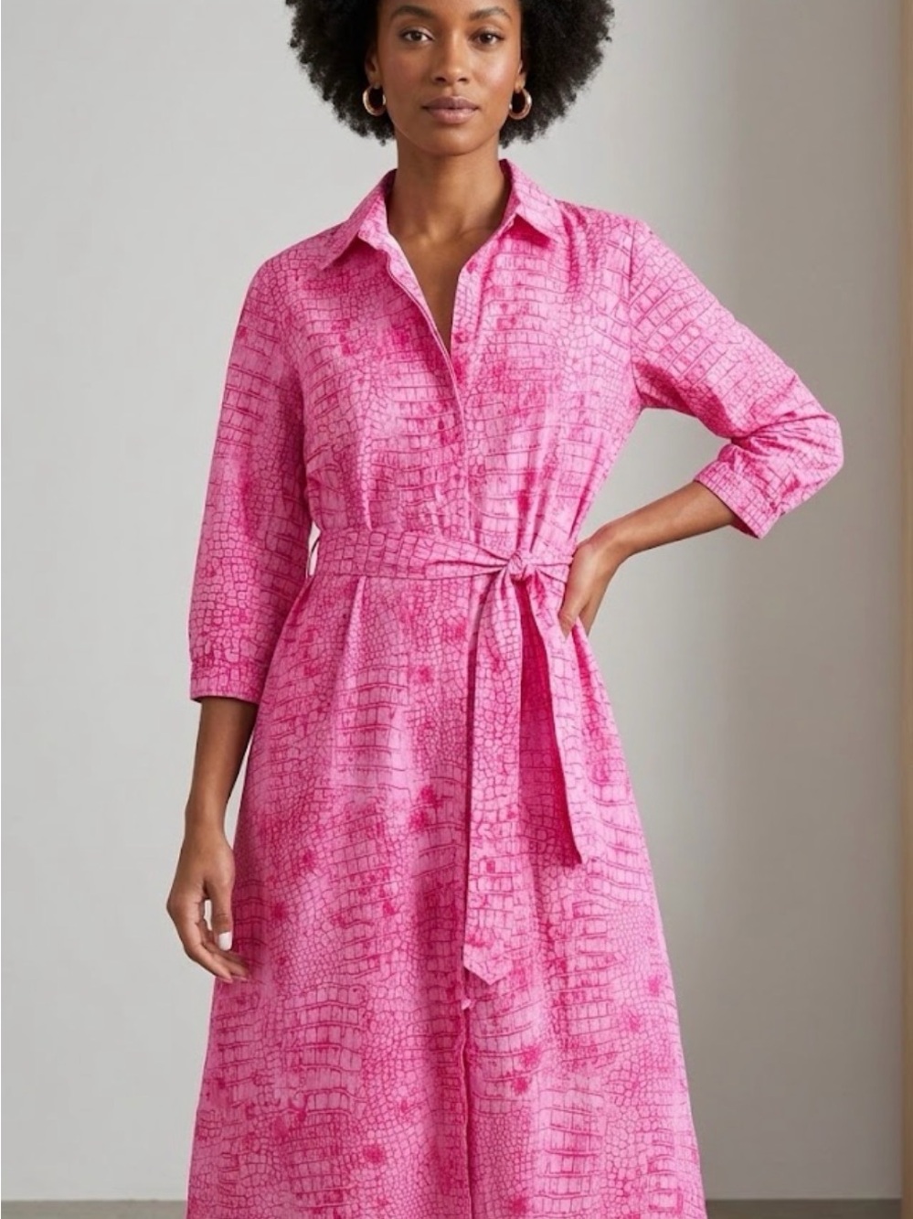 Black Label by Chico’s Pink Crocodile Print Midi Shirt Dress Belted Large